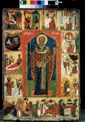 Retábulo da vida de São Nicolau de Myre ou Bari (270-345). ícone russo. Pintura sobre madeira do final do século XV. Galeria Estatal Tretyakov, Moscou
