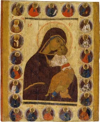 Ícone russo : Nossa Senhora da Ternura com Santos Selecionados. Tempera em painel, Segunda metade do 15º cen., Museu de História e Arte, Suzdal
