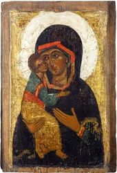 Ícone russo: A Virgem de Vladimir. Tempera em painel, Primeira metade do 15º cen., Museu de História e Arte, Suzdal