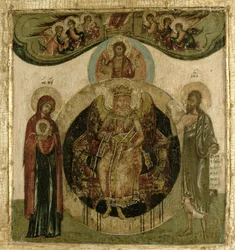 Ícone russo de Sophia, a Santa Sabedoria, entronizada sob a forma de um anjo de asas ardentes (painel)