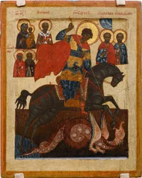 São Jorge e o dragão, cercado por vários santos - ícone russo : São Jorge com Santos Selecionados. Tempera no painel
