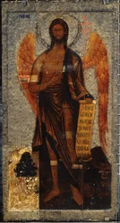 São João Baptista, Anjo da Várzea. Ícone russo, pintura de ovos e tempera sobre madeira, finais do século XVI. Arte russa primitiva. Galeria Estadual Tretyakov, Moscovo