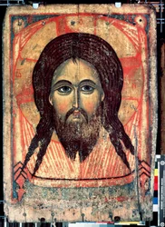 ""Saint Mandylion"" Representação do rosto de Cristo impresso em um véu (rosto sagrado). ícone russo. Pintura em madeira do final do século XIV Galeria Estatal Tretyakov, Moscou