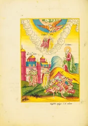 São João vê a ressurreição das duas testemunhas, enquanto as pessoas fogem das muralhas da cidade, c.1820 (caneta, tinta, aquarela e dourado sobre papel)