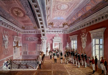 Levantem a guarda no vestíbulo superior do Castelo de Pavlosk na presença de Paulo I, levantando o chapéu. Pintura de Schwartz (século XIX) Ec. Rus.