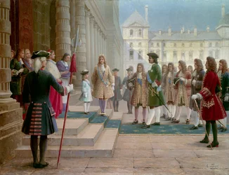 Czar Pierre Le Grand (1672-1725) recebido por Luís XV criança em Versalhes em 1717 - Pintura de Gorsky (Século XIX)