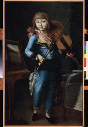 Um jovem violinista de terno azul. Pintura de um mestre russo, óleo sobre tela, por volta de 1790. Arte russa do século XVIII. Museu Palácio Teatro Ostankino, Moscou.