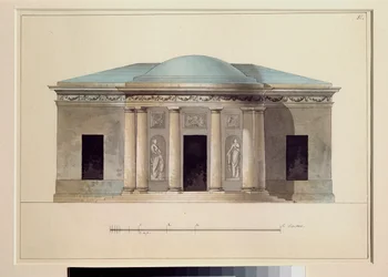 Uma sala de concertos. Trabalho de um mestre russo, aguarela sobre papel, ca. 1826. Museu Estatal ao Ar Livre Tsarkoye Selo, São Petersburgo.