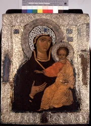 "Vierge Hodegetria (Hodigitria)" Icone russe. Peinture sur bois du 14eme siecle. Museu Estadual a céu aberto da Lavra da Trindade de St. Sergius, Sergyev Possad