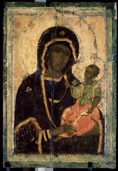 ""Virgem Hodegetria (Hodigitria)"" ícone russo. Pintura em madeira. cerca de 1360. Galeria Estatal Tretyakov, Moscou