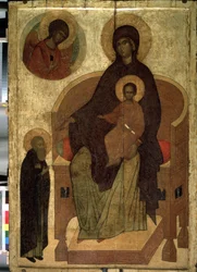 Ícone russo "Virgem e Criança com S. Sérgio". Museu de História do Estado da Madeira do século XV, Moscovo