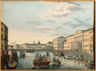 Vista do rio Fontanka em São Petersburgo. Obra anónima, Litografia, colorida em aguarela, ca. 1820. Arte russa