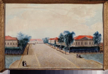 Vista do tesouro em Tver (Rússia). Pintura de um mestre russo, óleo sobre tela, por volta de 1830. Arte russa