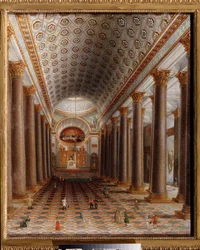 Vista do interior da catedral de Kazan em São Petersburgo. Pintura por um mestre russo, óleo sobre tela, início do século XIX. Arte russa. Galeria Estadual Tretyakov, Moscovo.
