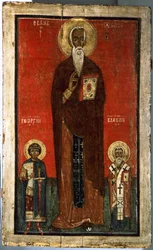 São João Clímaco com São Jorge e São Blaise Ícone Russo Museu Estadual Russo do Século XIII São Petersburgo