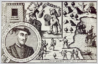Espanhóis sob o domínio de Juan de Grijalva desembarcam em Yucatan e enfrentam guerreiros maias na Batalha de Champoton, maio de 1518 (litho)