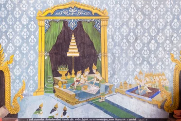 Fresco representando uma cena da vida de Buda, templo Wat Phra That Doi Suthep