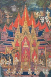 Murais na capela de Buddhaisawan representando Indra a descer dos céus logo após a cremação do Buda, arrebatando a relíquia mais valiosa, um dente escondido no chignon do brâmane