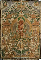 Amitabha (buda da terra pura) - pintura tibetana, pigmentos e ouro sobre tecido, final do século XIX, 74x51 cm - (Amitayus Buddha Thangka, cultura tibetana, pigmentos e ouro sobre tecido, final do séc.