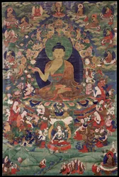 Buda Shakyamuni - Cultura Tibetana - Século XVIII - Pigmento Mineral sobre Algodão - 70,5x47 - Museu de Arte Rubin, Nova Iorque