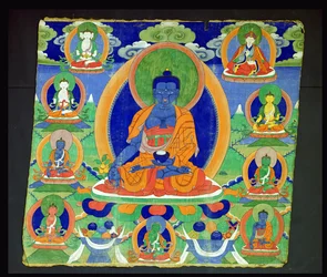 Pintura de Thangka mostrando O Buda da Medicina, Bhaishajyaguru (Menla) Tibetano