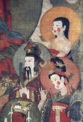 Cultura Tibetana : O Buda Tejaprabha Rodeado de Divindades do Planeta. Tempera sobre seda, tamanho : 104x67, início do século 12, Ermida do Estado, São Petersburgo