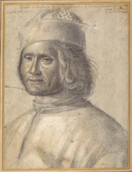 Retrato do busto de um homem barbudo com um boné, segurando um livro contra o peito, final do século 15 ao início do século 16 (giz preto com toques de vermelho no papel)