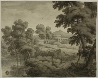 Paisagem italianizada com castelo, árvores e água em primeiro plano