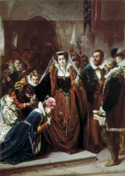 o Queen Mary 1st Stuart (1542-1587) caminha para o Andaime