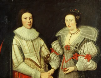 Retrato de grupo de um cavalheiro, de metade do comprimento, em gibão branco e babado, e sua esposa, em um vestido branco e verde, colar em forma de leque e colar de ouro,
