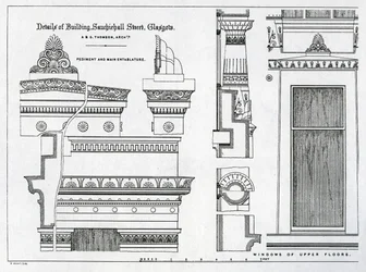 Detalhes arquitetônicos de câmaras gregas, 336-356 Sauchiehall Street, Glasgow, projetado por Alexander Greek Thomson, 1869