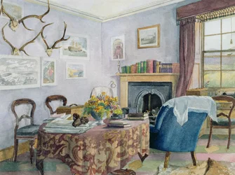 Interior da sala de desenho em uma casa de campo na Escócia, c.1850 (wc no papel)