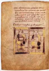 Ms 11.6.32. Duas figuras de clérigos do Evangelho de St. Johns, do Book of Deer