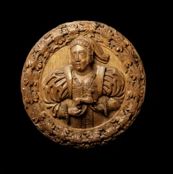 Roundel, pensado para representar Margaret Tudor, do teto da Kings Presence Chamber em Stirling Castle, 1540 (carvalho)