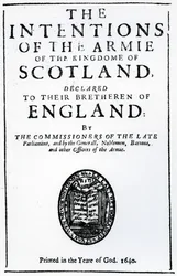 Página de título de "As intenções do exército de Kingdome da Escócia", de Alexander Henderson, publicado em 1640 (impresso)