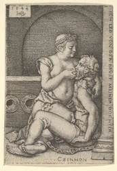 Cimon sentado contra uma coluna à direita, mamando de Pero que está ajoelhado ao lado dele, 1544.