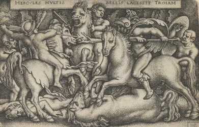 Hércules lutando contra os troianos, de Os trabalhos de Hércules, 1545.
