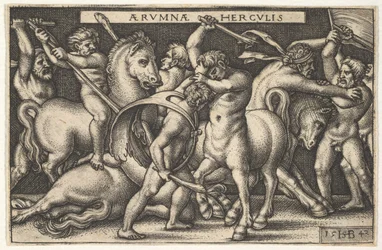Hércules com seu clube no centro lutando contra um centauro, outros homens lutando contra centauros à esquerda..., 1542.