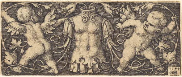 Ornamento com armadura e dois gênios
