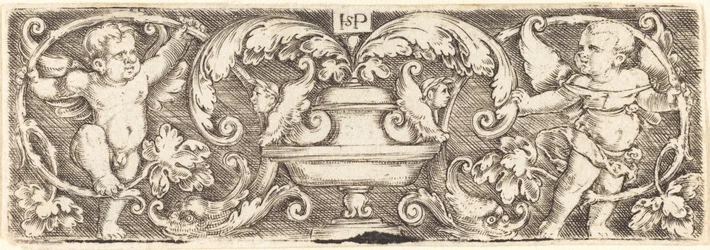 Ornamento com um vaso entre dois gênios