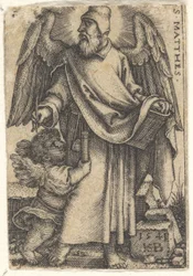 Placa 1: São Mateus com a cabeça virada de perfil para a esquerda, um querubim no canto inferior esquerdo..., 1541.