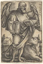 Placa 3: São Lucas com a cabeça virada de perfil para a direita, um livro em cada mão, um b..., 1541.