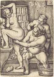 Três mulheres tomando banho