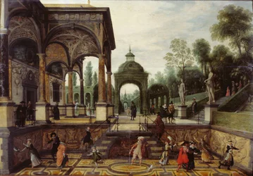 Jardim italiano com galeria e figuras, primeiro terço do século XVII..