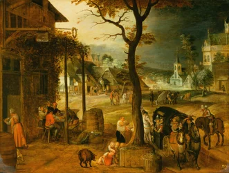Aldeia com viajantes tomando refrescos em uma pousada (óleo sobre tela)