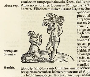 Uma bruxa invoca um demónio de três cabeças, da edição de 1550 da «Cosmographia» de Sebastian Münster