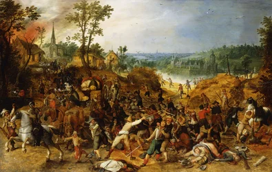 Uma paisagem com saqueadores atacando um trem de carroça e saqueando uma vila,