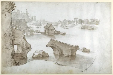 Uma vista Tibre com as ruínas da Ponte Rotto (acima do Aventino), da Marmorata e da Ripa Grande (caneta e tinta castanha com lavagens castanhas e cinzentas sobre papel branco)