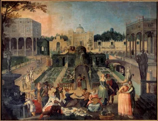Uma festa no parque do Piquenique do Duque de Mântua, música, cenas galantes nos jardins do palácio do Duque de Gonzaga (Gonzaga). Pintura de Sebastien Vrancx (1573-1647) Sol do século XVII. 1,42 x 1,88 m Rouen musee des Beaux Arts