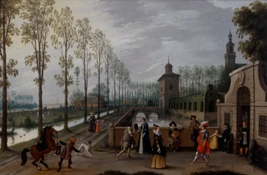 Uma elegante companhia a passear à porta de um palácio